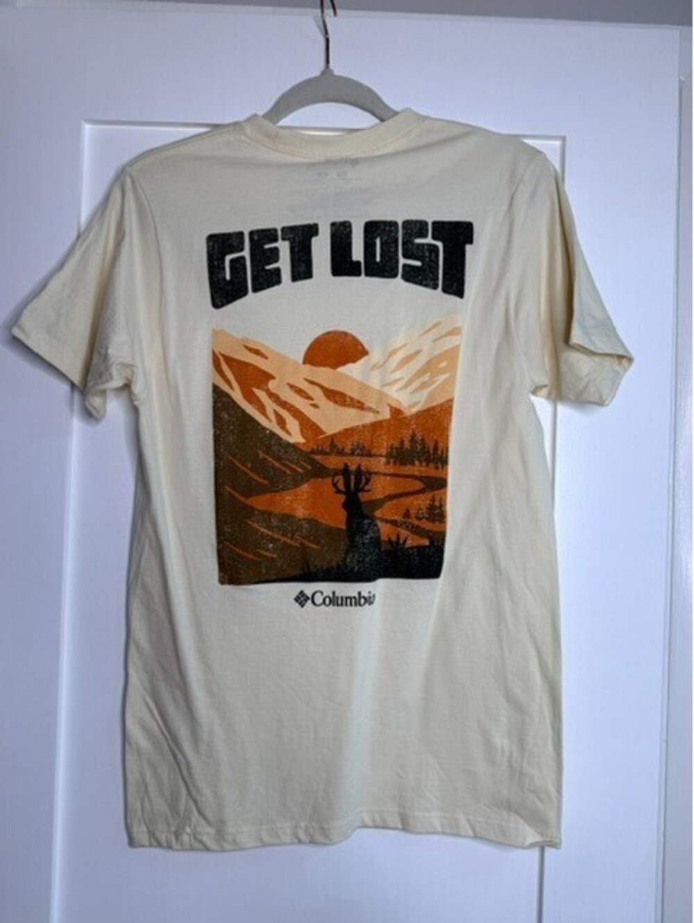 Columbia Get Lost Graphic T Shirt Men's Beige Outdoor Hiking Mountain Deer Tee S